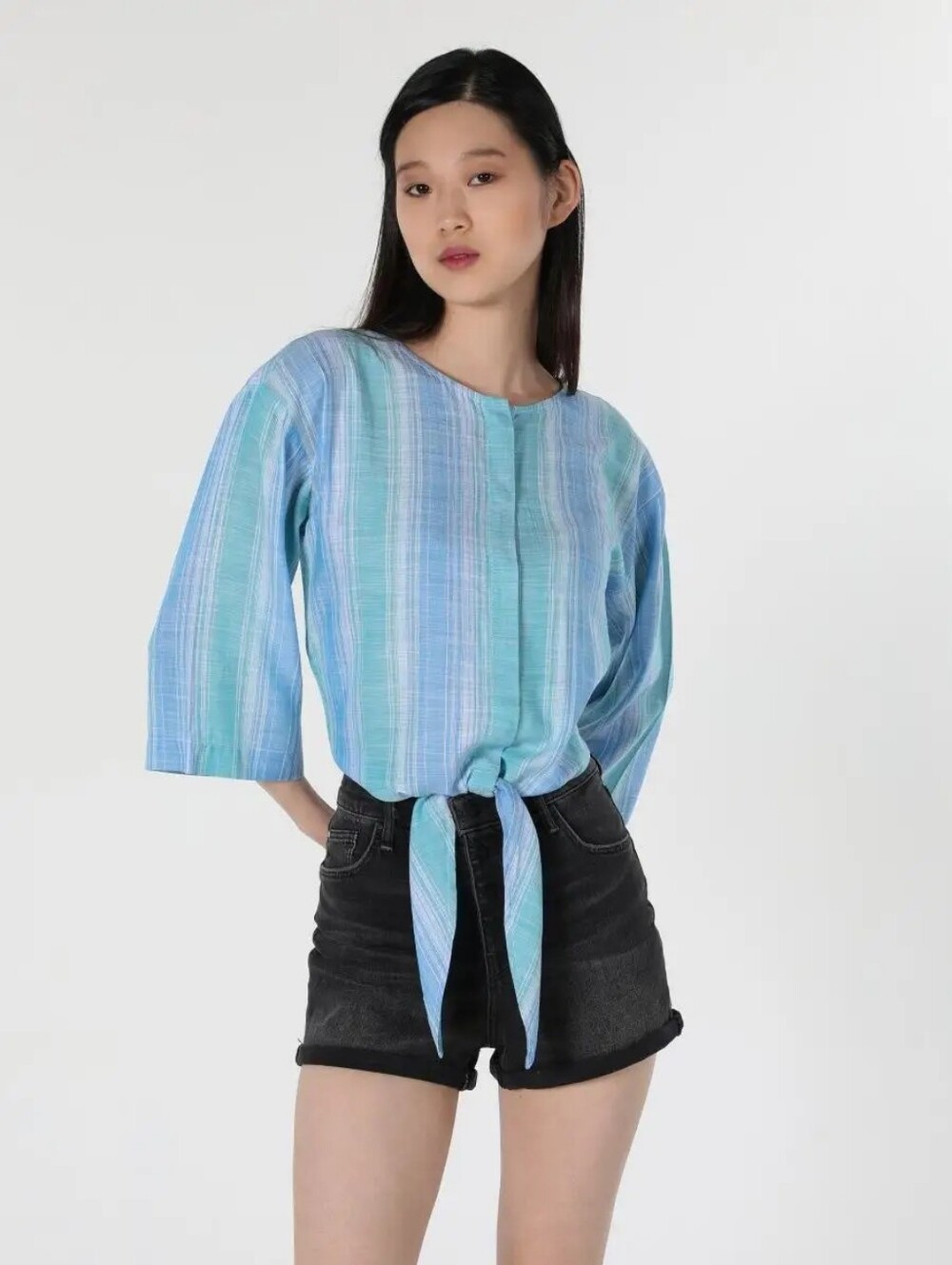 Bella Dahl Blue Stripe Tie Front Button-Up Top L 3/4 Sleeve Minimalist Nautical